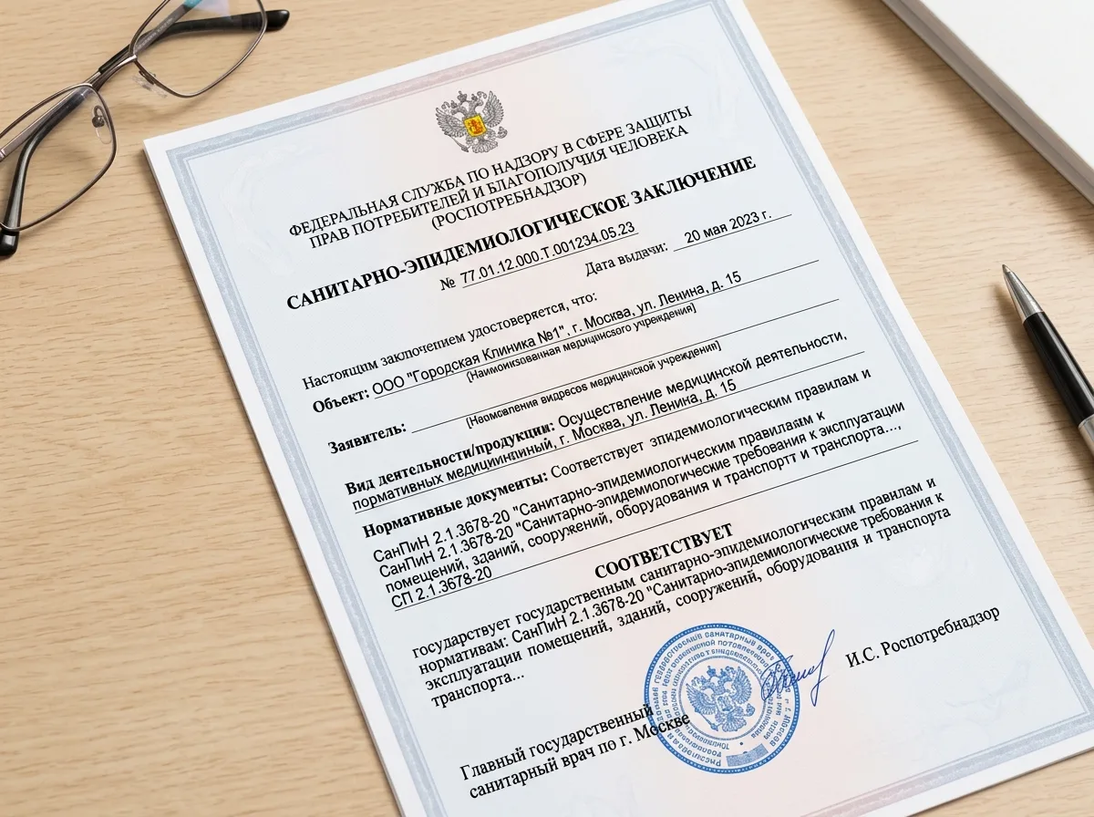 Заключение Роспотребнадзора о соответствии санитарным нормам СанПиН медицинского учреждения, официальный документ